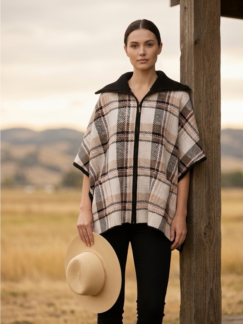 Tahari Womens S/M Black Tan Plaid Boxy Full Zip Turtleneck Poncho Sweater